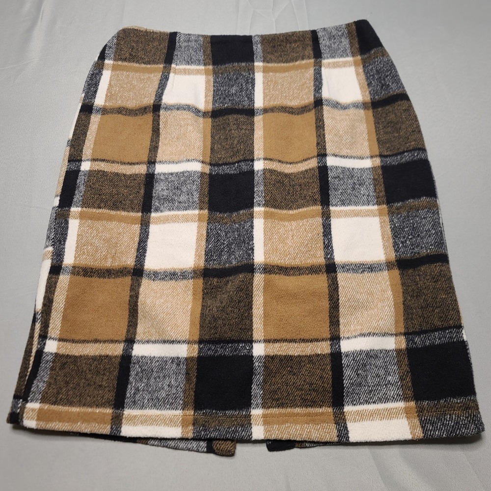 Plaid Wool Blend Pencil Skirt Women Size M Tan Black Academic Lined Granola